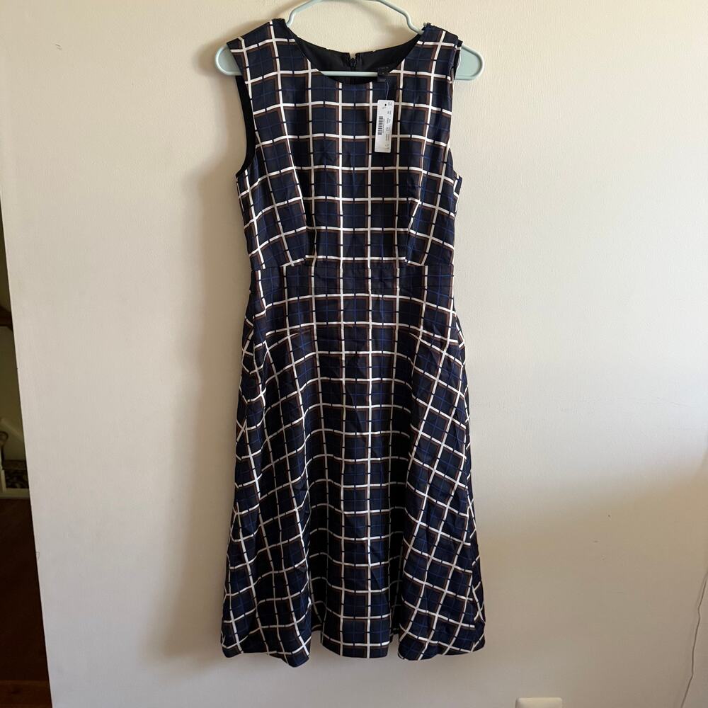 J Crew Silk A Line Twill Midi Dress Black Blue Ivory Windowpane Check Size 4 NWT